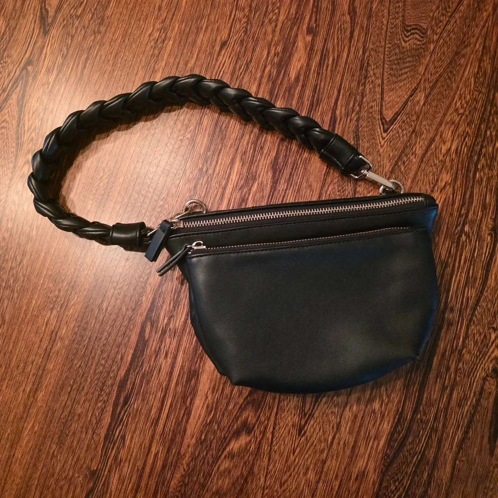 Anthropologie Black Braided Strap Crossbody Belt Bag Vegan Leather Gold Soft